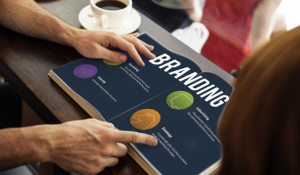 Branding,Marketing,Strategy,Ideas,Concept male looking at branding options booklet with female over coffee