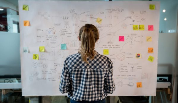 Woman sketching a business plan at a creative office Woman sketching a business plan on a placard at a creative office