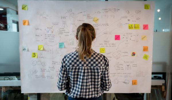 Woman sketching a business plan on a placard at a creative office